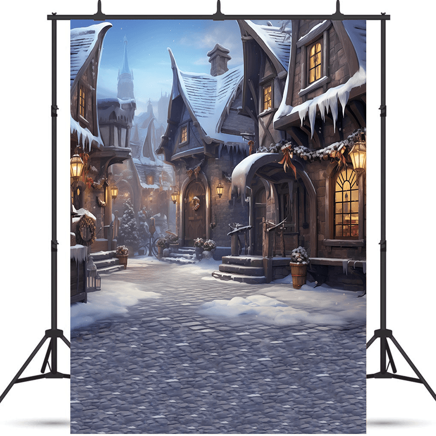 Fantasy Snowy Village Street Shops Christmas Backdrop for Photo SBH0685