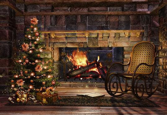 Christmas Vintage Brick Fireplace Wood Floor Backdrops