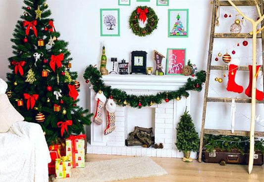 Brick Fireplace Wood Floor Christmas Backdrop for Party