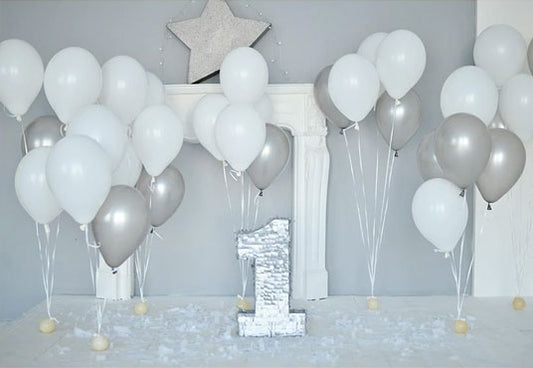 White and Grey Balloons For Celebrate Baby 1st Birthday Photography Backdrop