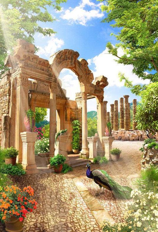 Spring Season Scenery Beautiful Castle and Peacock Backdrop for Photography