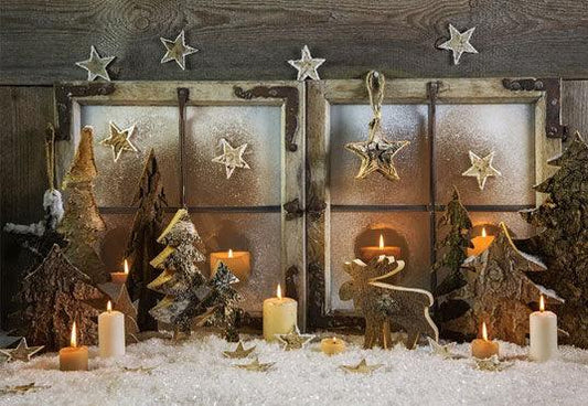 Christmas Grey Wood Window Candle Snowflake Backdrops
