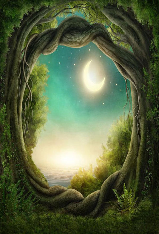 Green forest Wonderful Big Tree Under Moon Backdrop for Photography Background