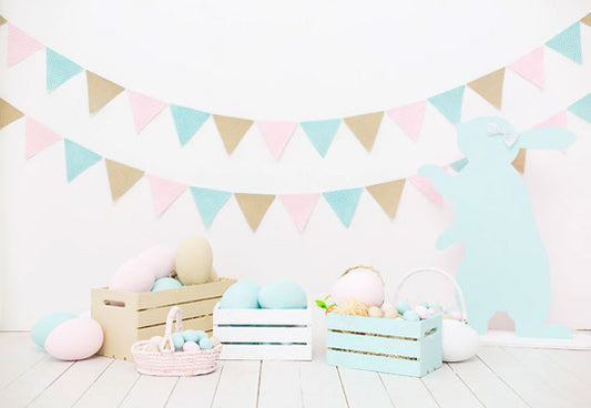 White Wood Floor Pink and Mint Rabbit Easter Backdrops