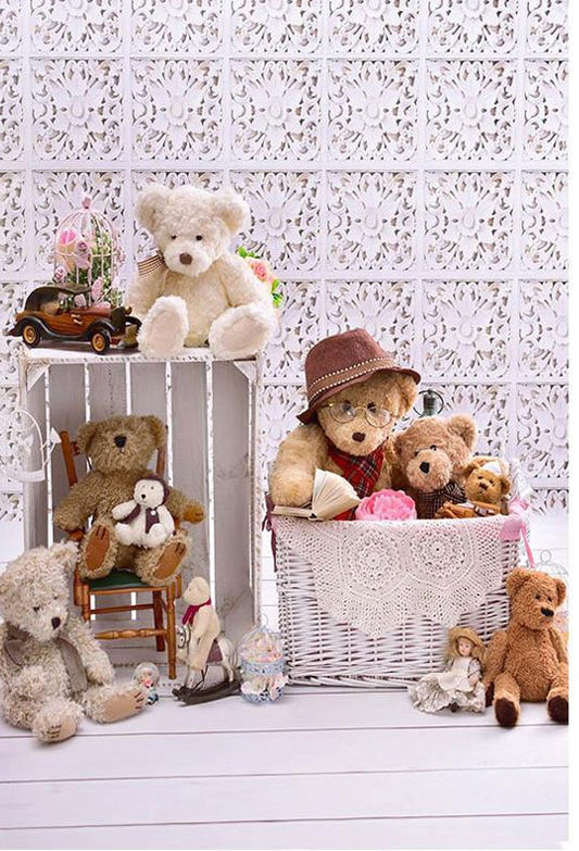 Big Bear And Little Bear Before Flower Pattern Wall Backdrop for Photography