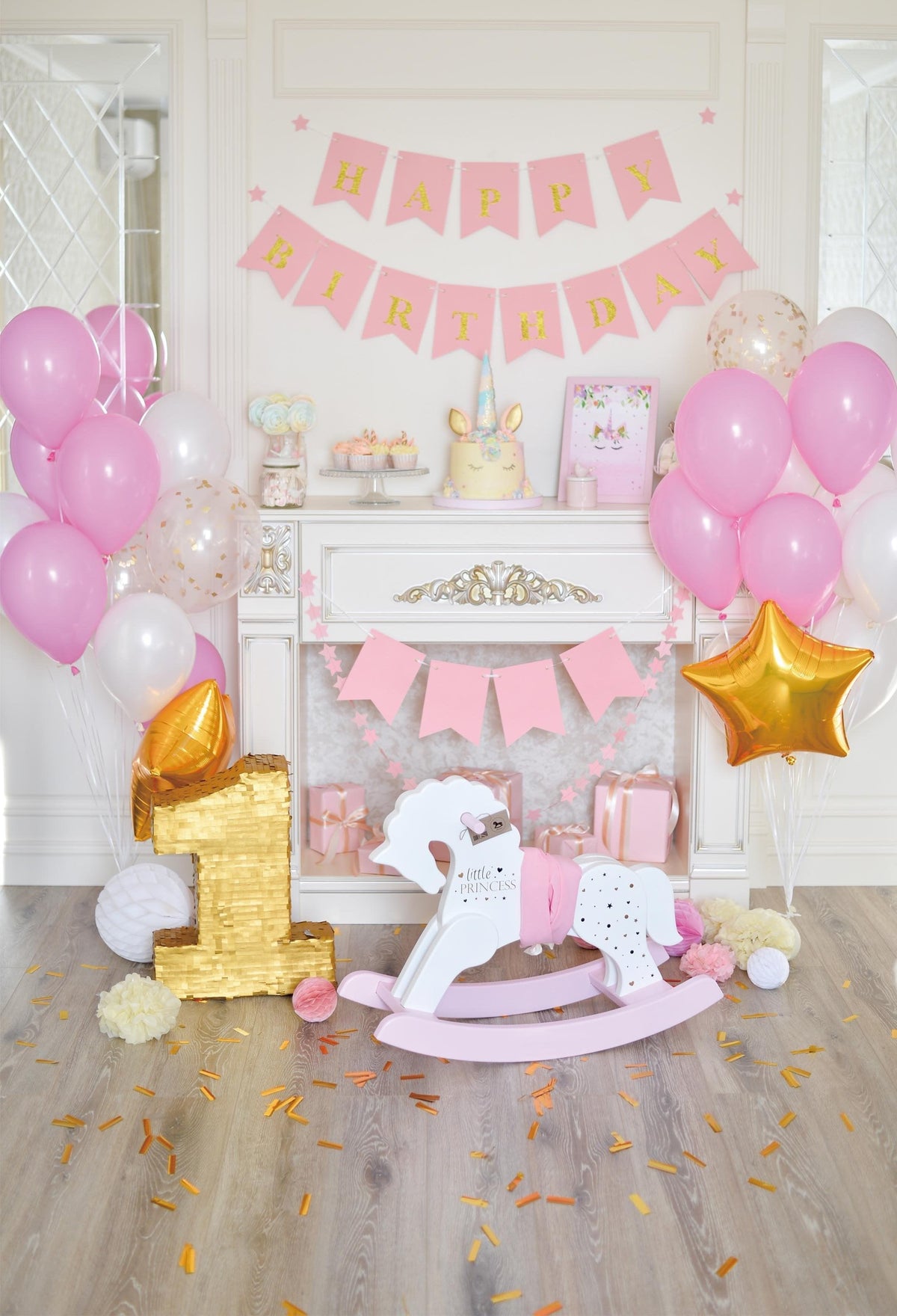 1st Birthday Pink Wall With Decoration Background Photography Backdrops