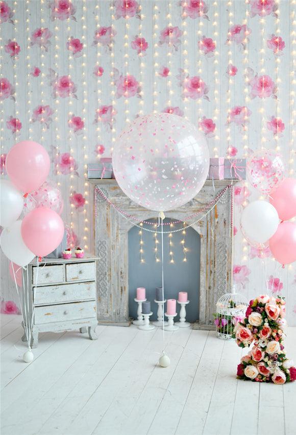 Pink Floral Newborn Backdrops Wood Floor Background for 1st