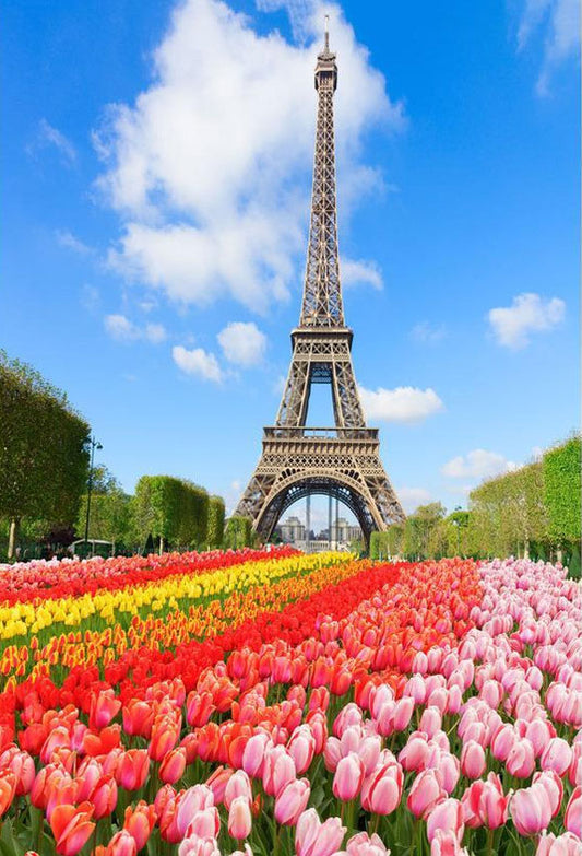 Spring Eiffel Tower and Flowers Backdrop for Spring Season Photography