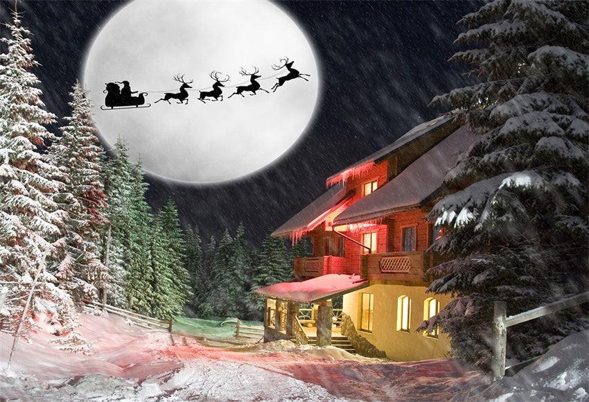 Christmas Pine Forest Winter Snow House Santa Claus Backdrop