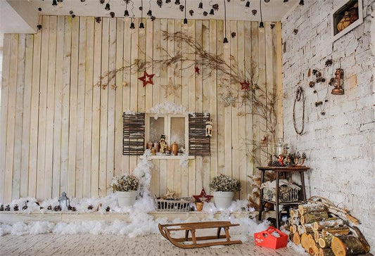 Wood Brick Snow Christmas Skiing Photography Backdrops