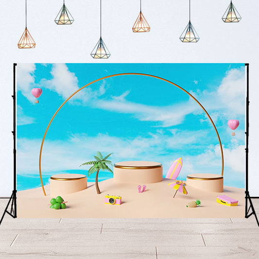 Cylinder Stage with Surfboard Beach Palm Coconut Tree Island Blue Sky Background SBH0127