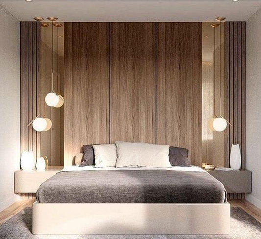 Logs are used in the bedroom background wall, which makes people feel very comfortable