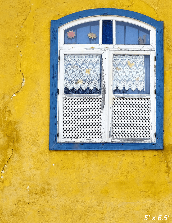 Blue Old Style Wooden Window Yellow Backdrop for Photo SBH0678