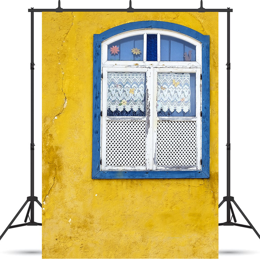 Blue Old Style Wooden Window Yellow Backdrop for Photo SBH0678