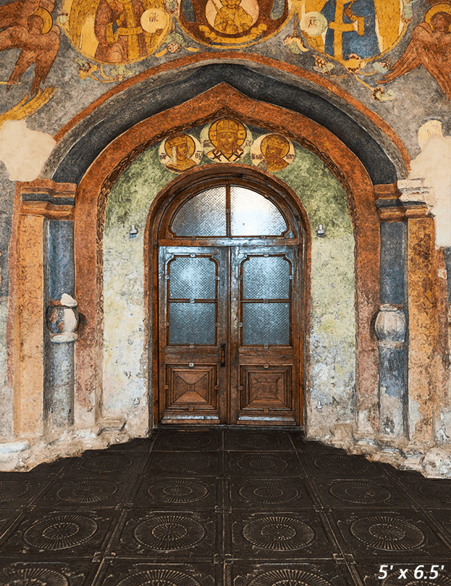 Arched Wooden Door With Painting On Wall Backdrop For Photo SBH0692