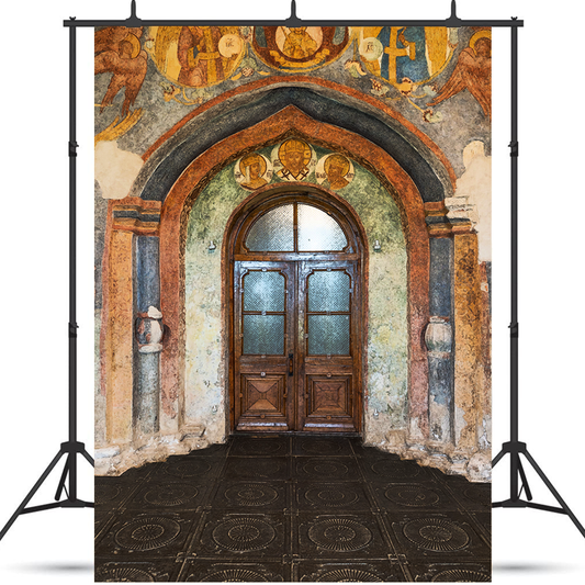 Arched Wooden Door With Painting On Wall Backdrop For Photo SBH0692