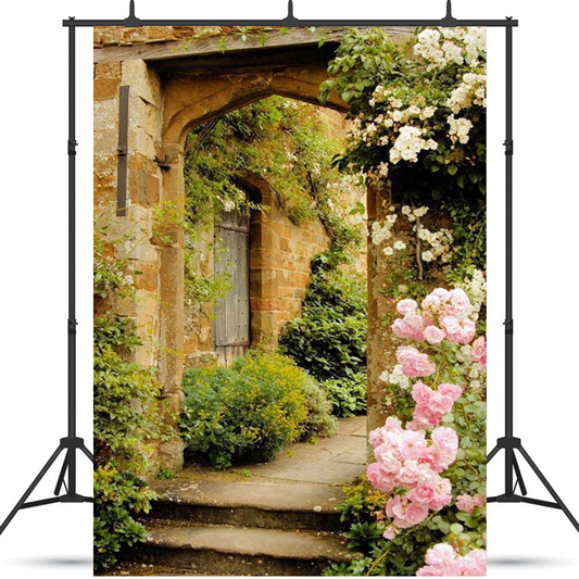 Old Stone Door With Pink Flowers Backdrop Spring View Photography Background