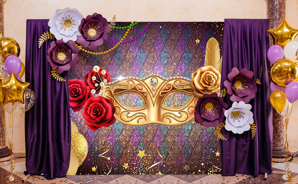 Gold Mask Masquerade Birthday Party Round Backdrop