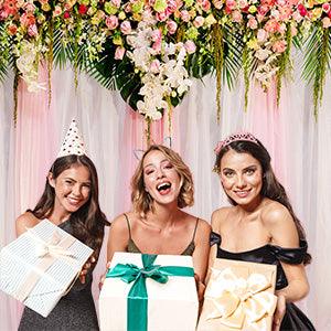 White and Pink Wedding Backdrops for Photography  Wood Floor Curtain Decorated with Pink Rose Flowers Photography Backgrounds