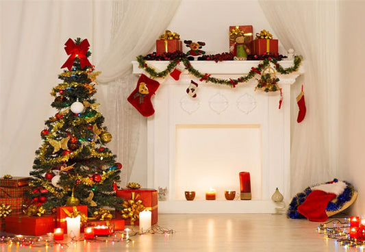 White Fireplace Bright Christmas Tree Wood Floor Backdrops