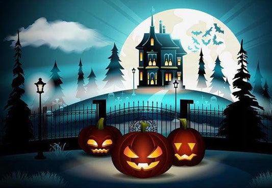 Blue Dark Castle Secret Pumpkin Backdrop for Halloween Party Photography