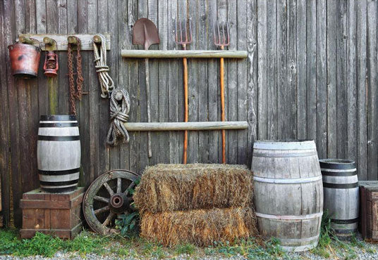 Farm Yard Wall with Tools and Vat Barn Backdrop for Photography
