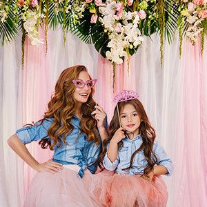 White and Pink Wedding Backdrops for Photography  Wood Floor Curtain Decorated with Pink Rose Flowers Photography Backgrounds