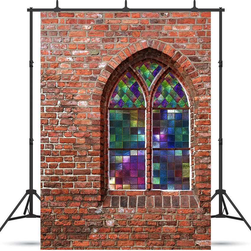 Church Brick Wall With Glass Stained Window Photography Backdrop SBH0183