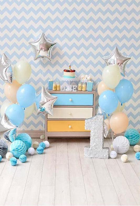 Blue Chevron Wall With Silver Star And Nature Wood Floor For One Birthday Backdrop
