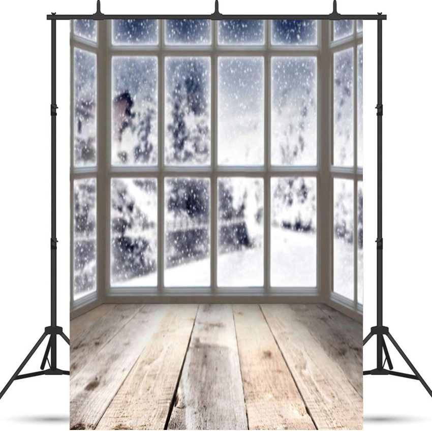 Winter Window Wood Floor Snow Backdrop J06252