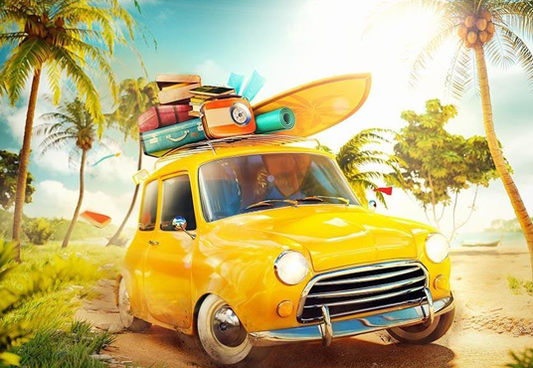 Seaside Sunshine Yellow Car Backdrops Sea Summer Photography Background