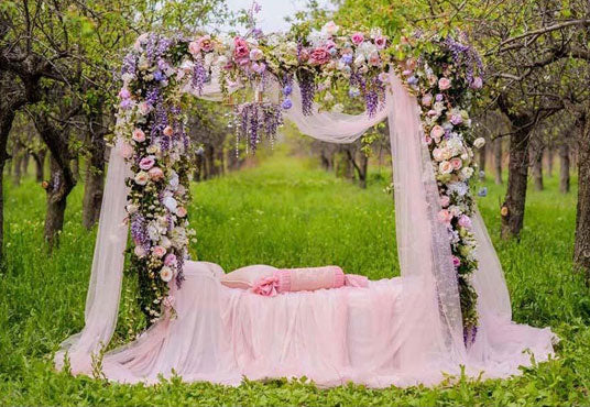 Romantic Pink Lace Curtain Colorful Flowers Backdrop for Wedding Ceremony Photography