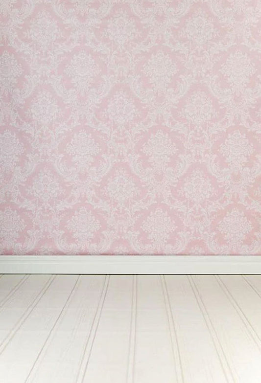 Printed Pink Damask Wall With  Wood Floor Backdrop For Photography