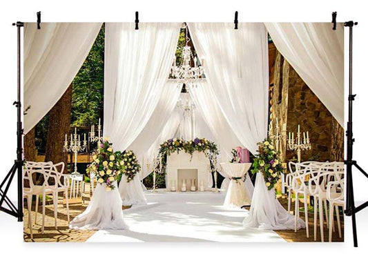 White Curtain Yellow Flowers Backdrop for Romantic Wedding Ceremony Photography