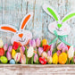 Cute Rabbit Colorful Eggs and Flowers Before Wood Wall Backdrop For Easter photography