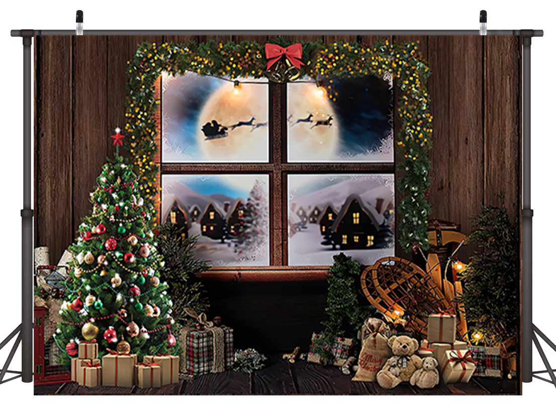 Window In Wooden Room Christmas Backdrop for Photography SBH0252