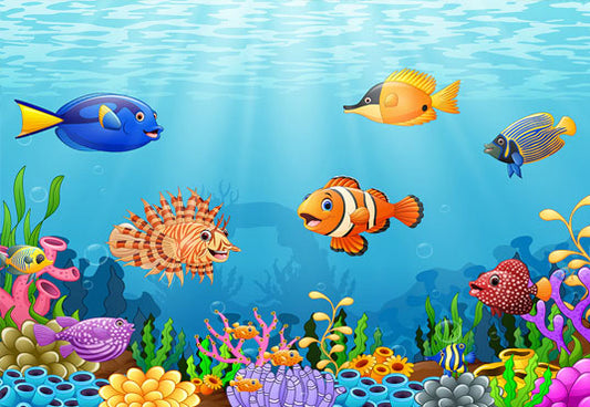 Underwater World  Photo Backdrop Cartoon  Fish Photography Background Blue Photo Studio Props KH12811