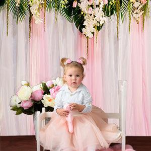 White and Pink Wedding Backdrops for Photography  Wood Floor Curtain Decorated with Pink Rose Flowers Photography Backgrounds