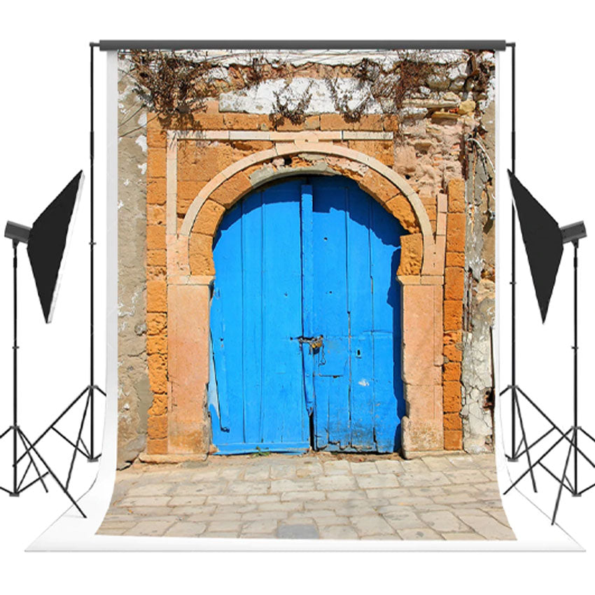 Rustic Door Distressed Blue Double Doors Scenic Photography Brick Background for Photo Booth K14841