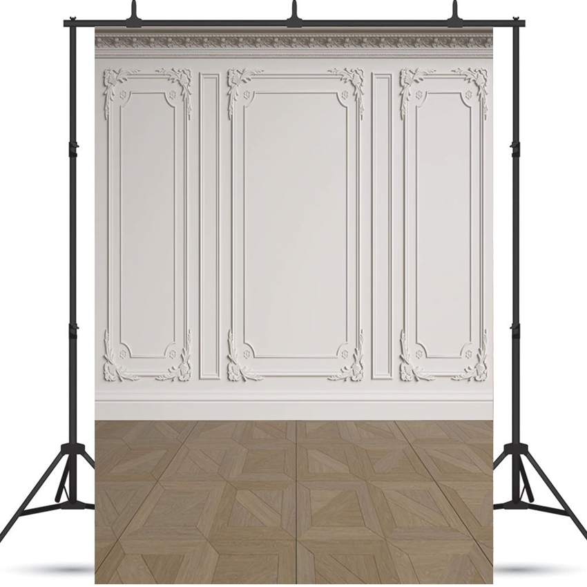 Wedding White Wall Sculpture Brown Square Wood Floor Backdrop for Photography