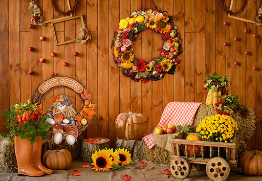Pumpkin Flower Wood Wall Photography Backdrop for Thanksgiving