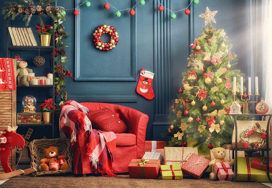 Christmas Tree Blue Red Sofa Photography Backdrops