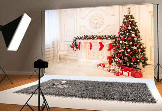 White Christmas Backdrops Bear Gift Photo Background