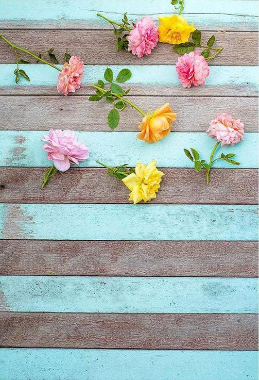 Beautiful Flowers On Blue Wood Brown Wall Backdrops for Photography