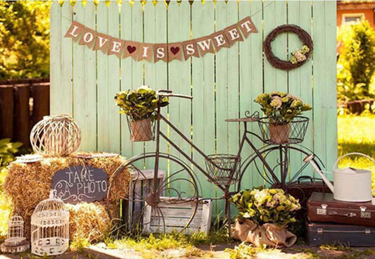 Spring Love Is Sweet Theme Bicycle Wood Floor Backdrop for Photo Photography