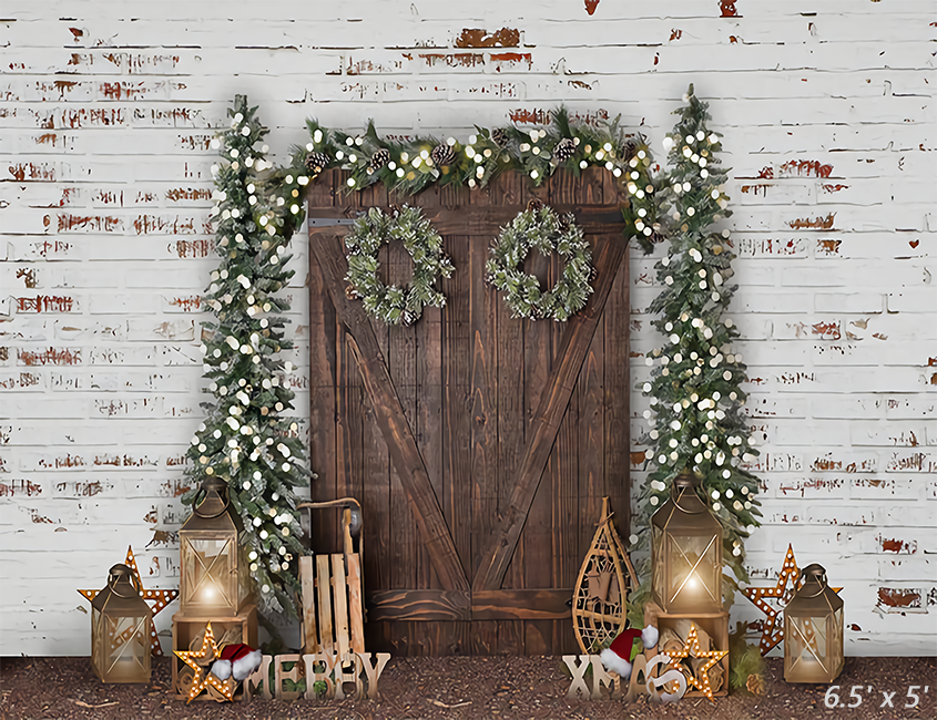 Christmas Trees Wreaths Wood Door Photography Backdrop SBH0287