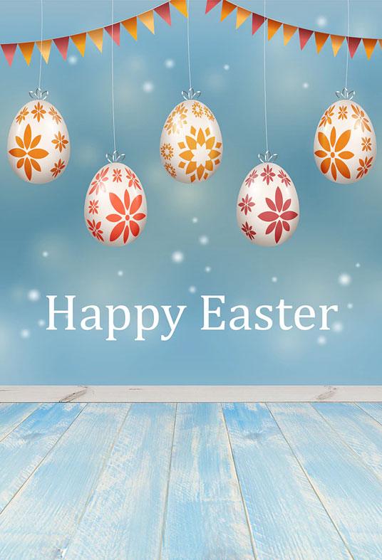 Light Blue Happy Easter Wood Floor Eggs Photography Backdrops