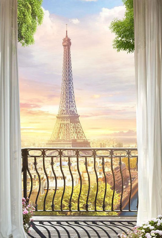 The Overlook of Eiffel Tower Outside Window Backdrop for Photography