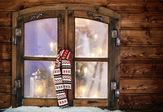 Brown Wooden Windows Snow Winter Bright Christmas Backdrops