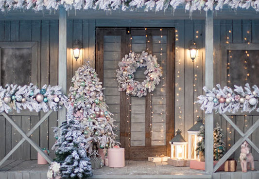 Christmas Grey Wood House Photo Booth Backdrops